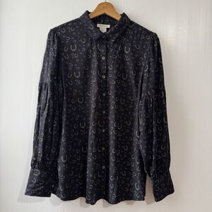 Ariat Women's Sz L Long Sleeve Golden Horseshoe Print Button Blouse Shirt Black